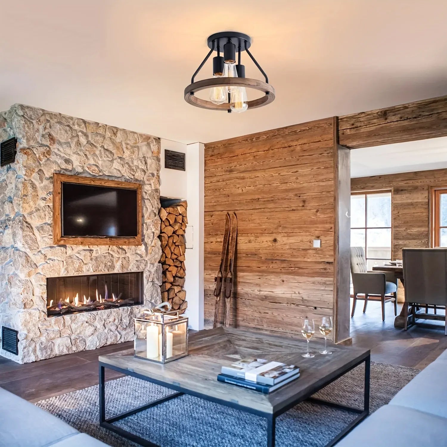 Rustic Wood Ring 3-Light Semi Flush Mount Ceiling Fixture