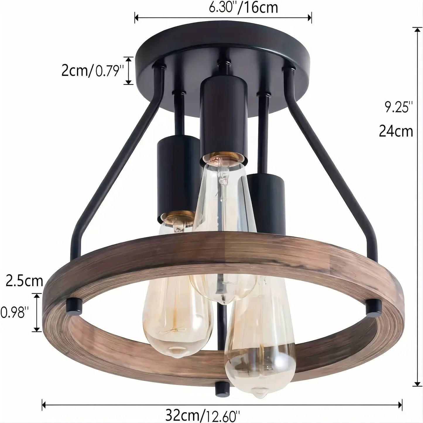 Rustic Wood Ring 3-Light Semi Flush Mount Ceiling Fixture