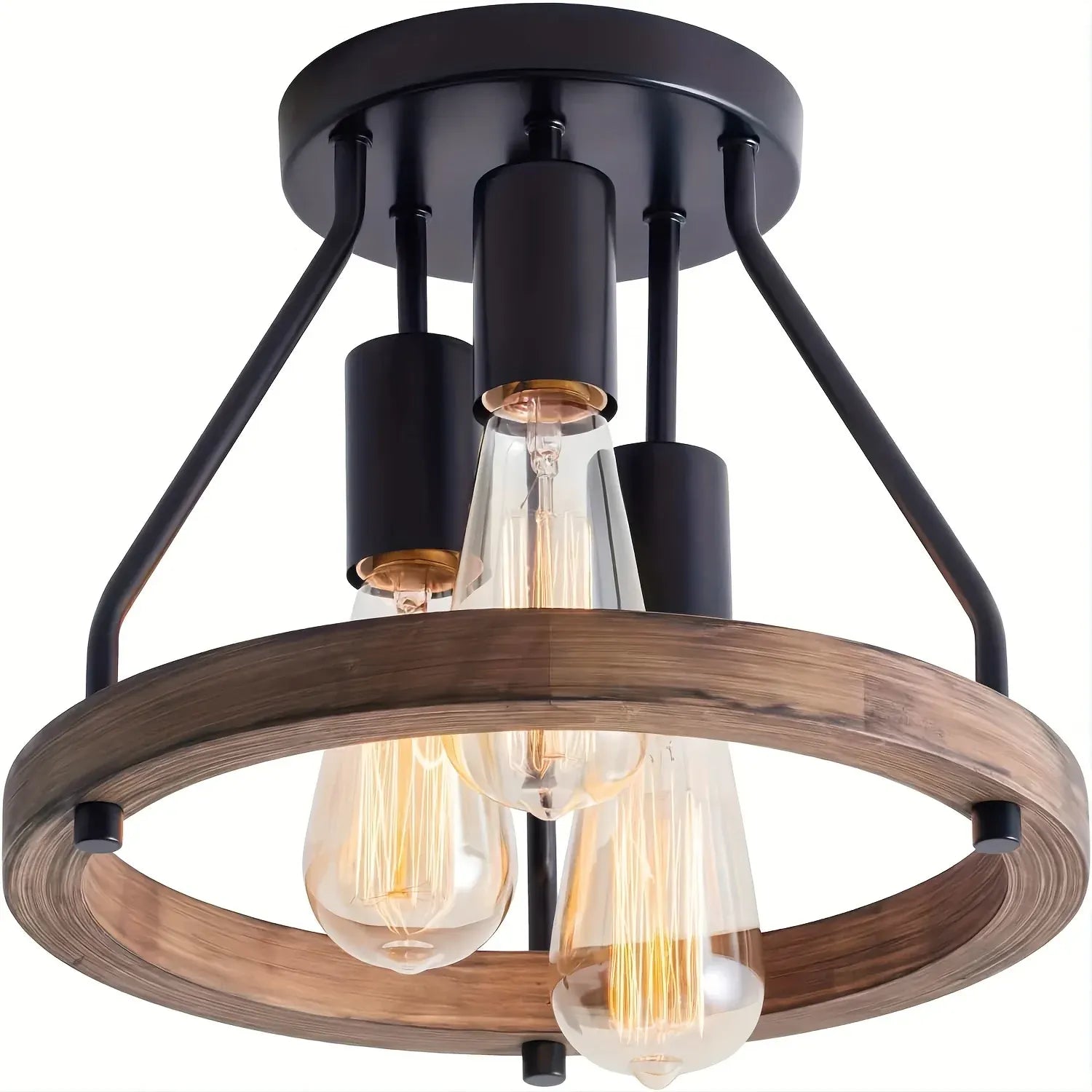 Rustic Wood Ring 3-Light Semi Flush Mount Ceiling Fixture