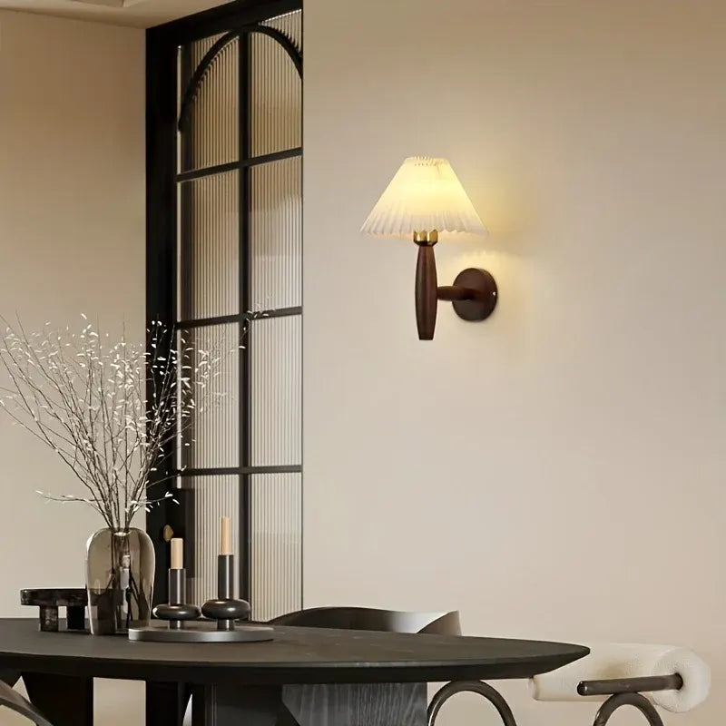 Rustic Wood Wall Sconce – Nordic-Style Bedside Lamp with Pleated Fabric Shade