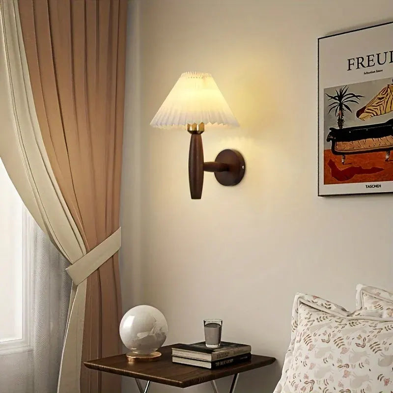 Rustic Wood Wall Sconce – Nordic-Style Bedside Lamp with Pleated Fabric Shade