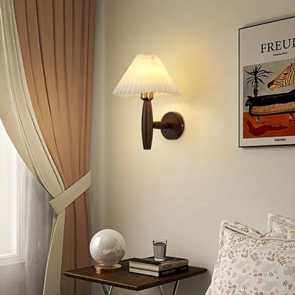 Rustic Wood Wall Sconce – Nordic-Style Bedside Lamp with Pleated Fabric Shade