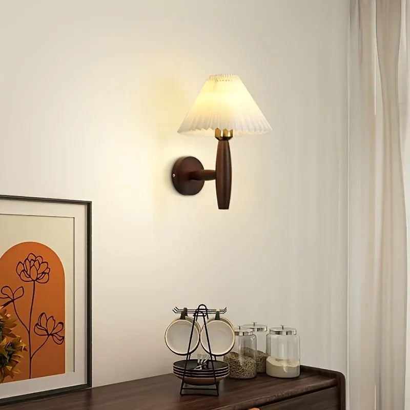 Rustic Wood Wall Sconce – Nordic-Style Bedside Lamp with Pleated Fabric Shade