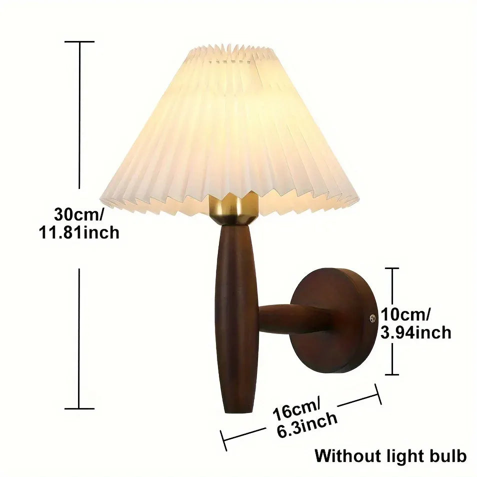 Rustic Wood Wall Sconce – Nordic-Style Bedside Lamp with Pleated Fabric Shade
