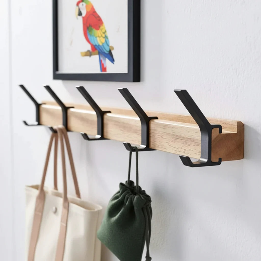 Scandinavian Wooden Wall-Mounted Coat Hook Rack for Entryway Storage