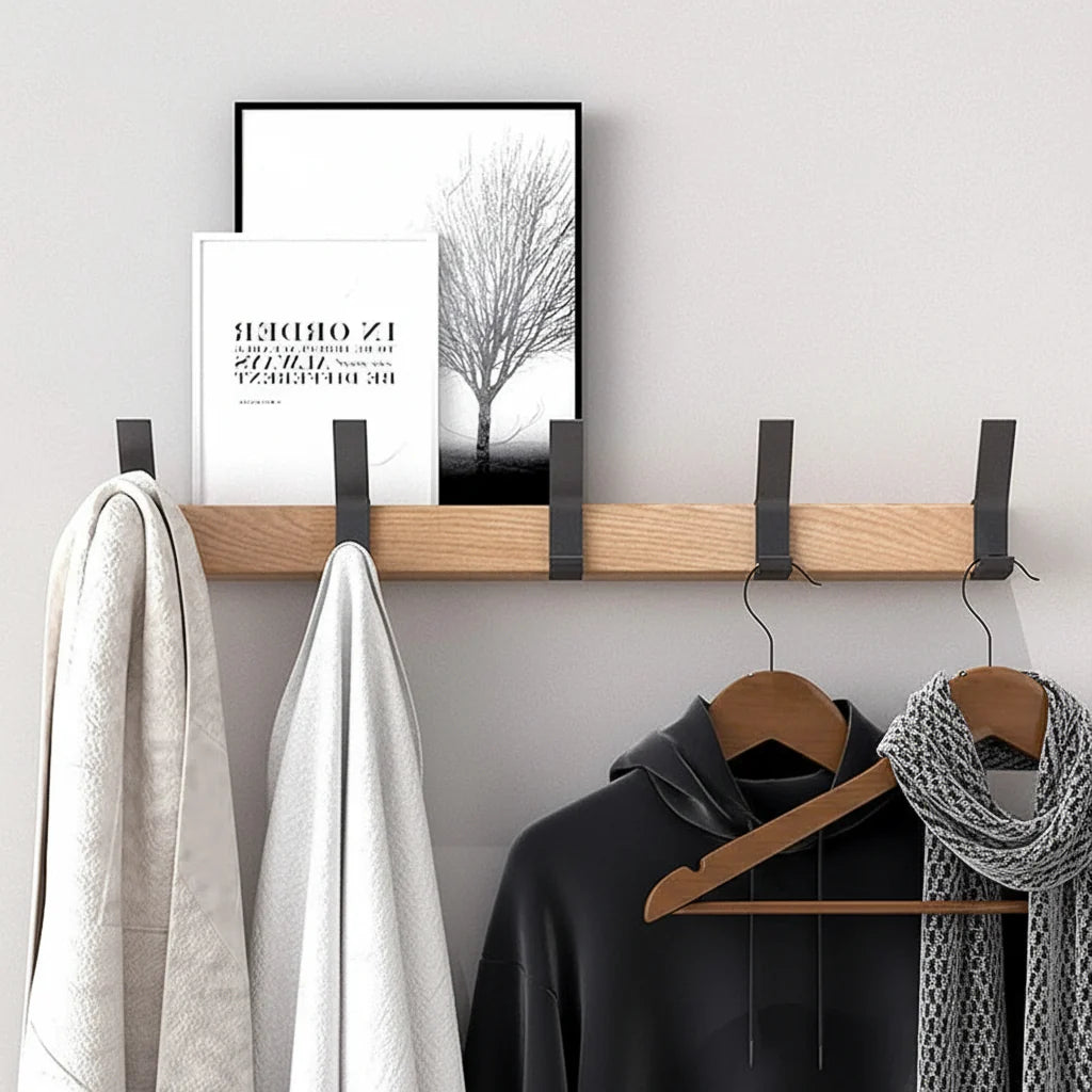 Scandinavian Wooden Wall-Mounted Coat Hook Rack for Entryway Storage