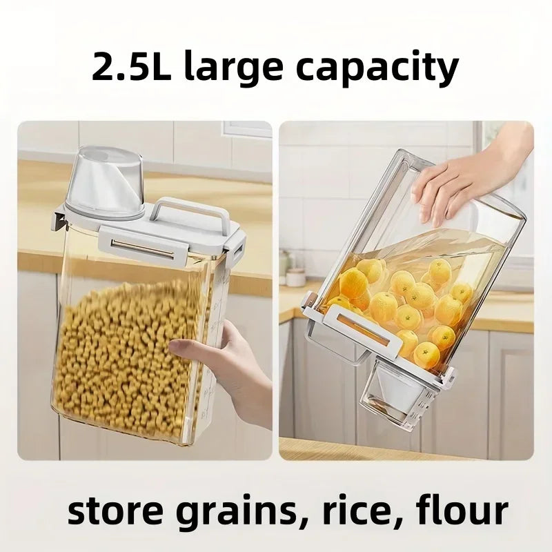 Sealed Rice, Cereal & Flour Storage Bin with Measuring Cup - 2.5L Airtight Dispenser