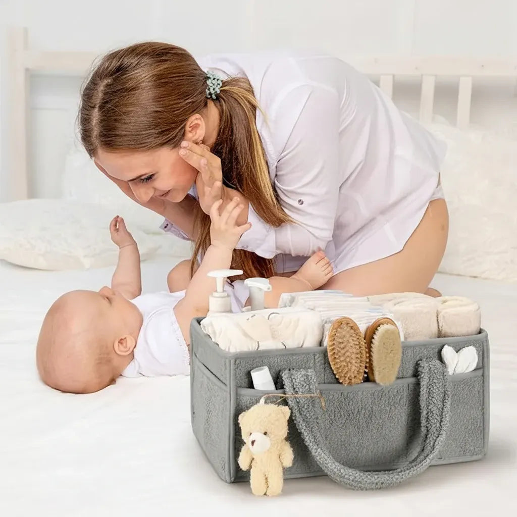 Sherpa Plush Nursery Storage Basket for Baby Diapers & Essentials