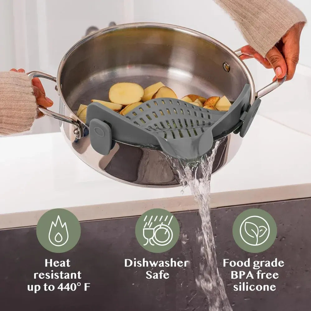 Silicone Clip-On Pot Strainer for Pasta and Colander Draining