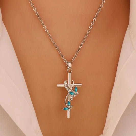 Silver Cross Pendant Necklace with Blue Gem Bow Design - Mother's Day Jewelry Gift