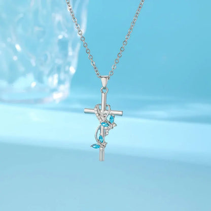 Silver Cross Pendant Necklace with Blue Gem Bow Design - Mother's Day Jewelry Gift