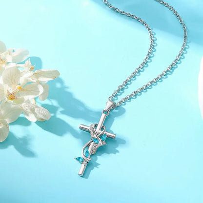 Silver Cross Pendant Necklace with Blue Gem Bow Design - Mother's Day Jewelry Gift