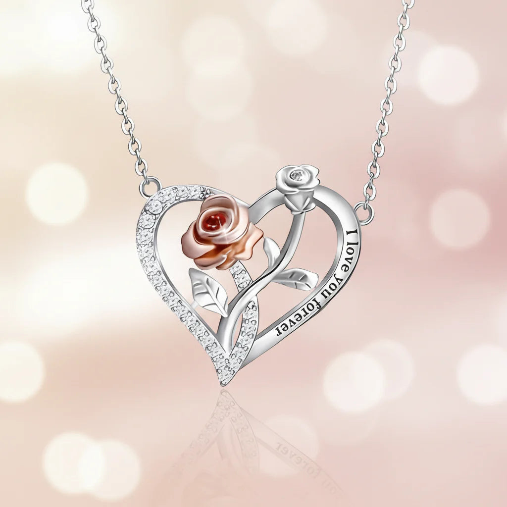 Silver Rose Heart Pendant Necklace - Romantic Jewelry Gift for Couples