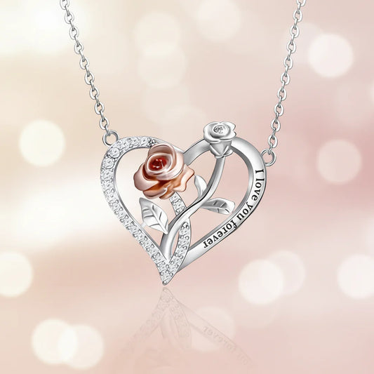Silver Rose Heart Pendant Necklace - Romantic Jewelry Gift for Couples