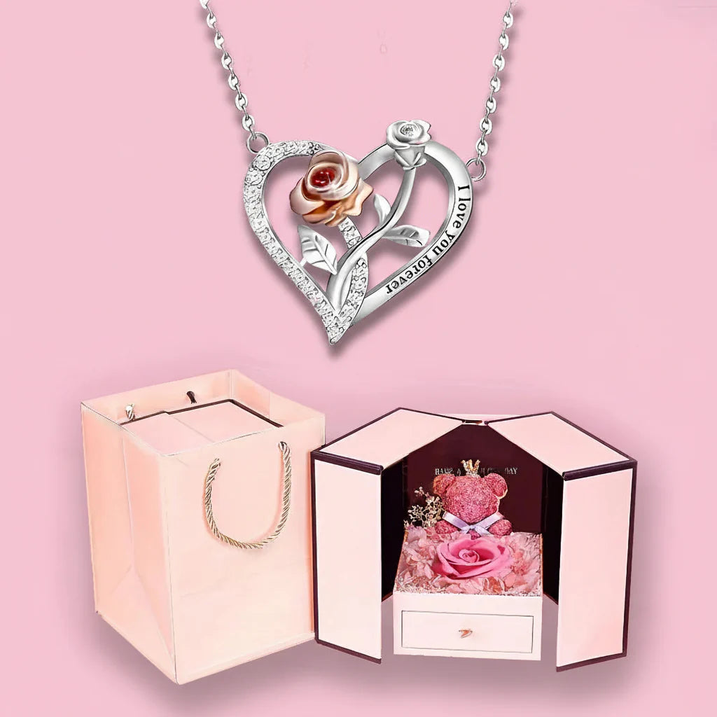 Silver Rose Heart Pendant Necklace - Romantic Jewelry Gift for Couples