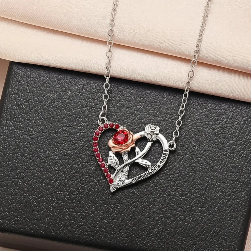 Silver Rose Heart Pendant Necklace - Romantic Jewelry Gift for Couples