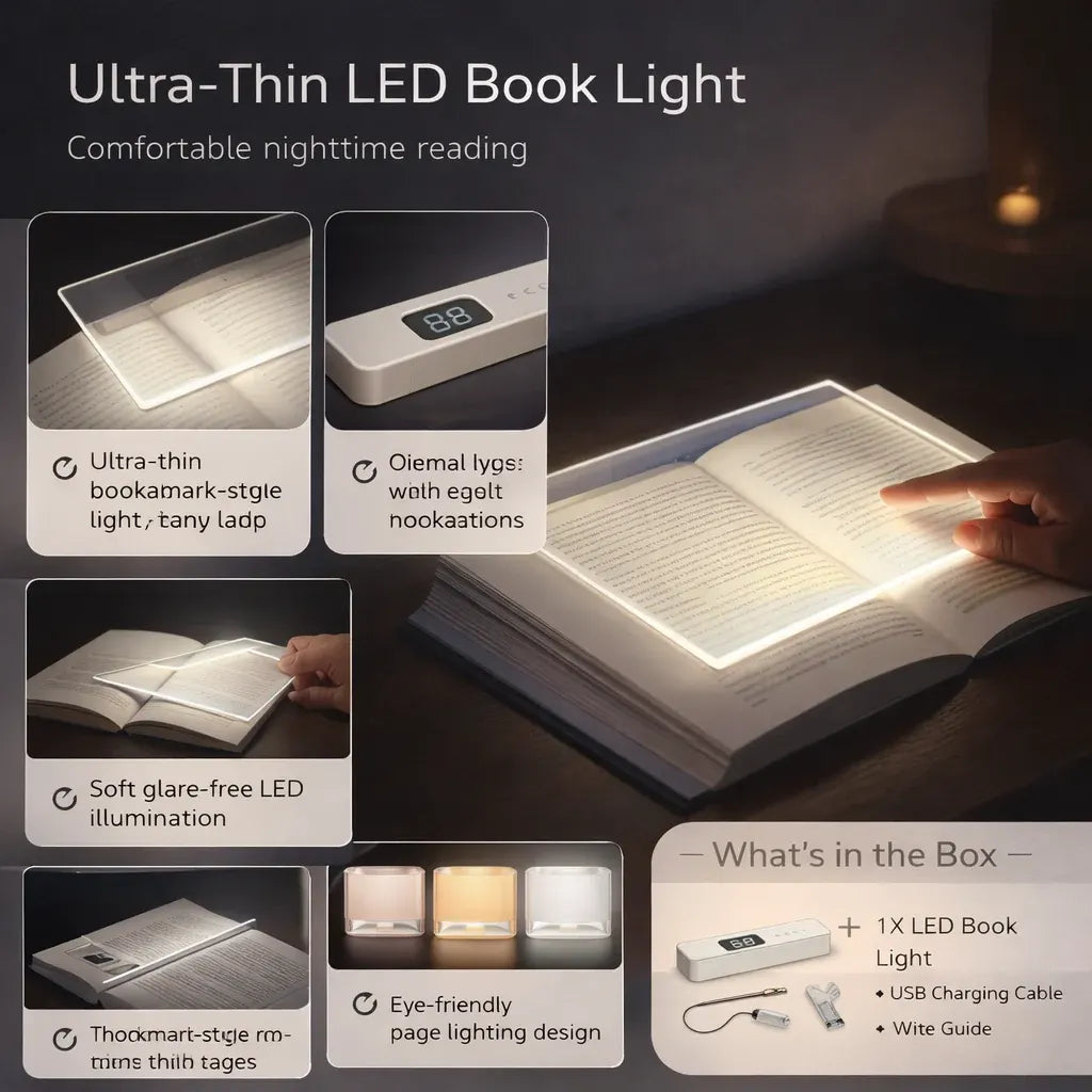Slim USB Rechargeable LED Reading Light for Books