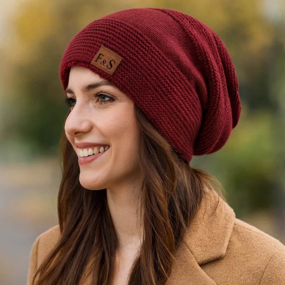 Slouchy Acrylic Knit Beanie with Lined Winter Warmth