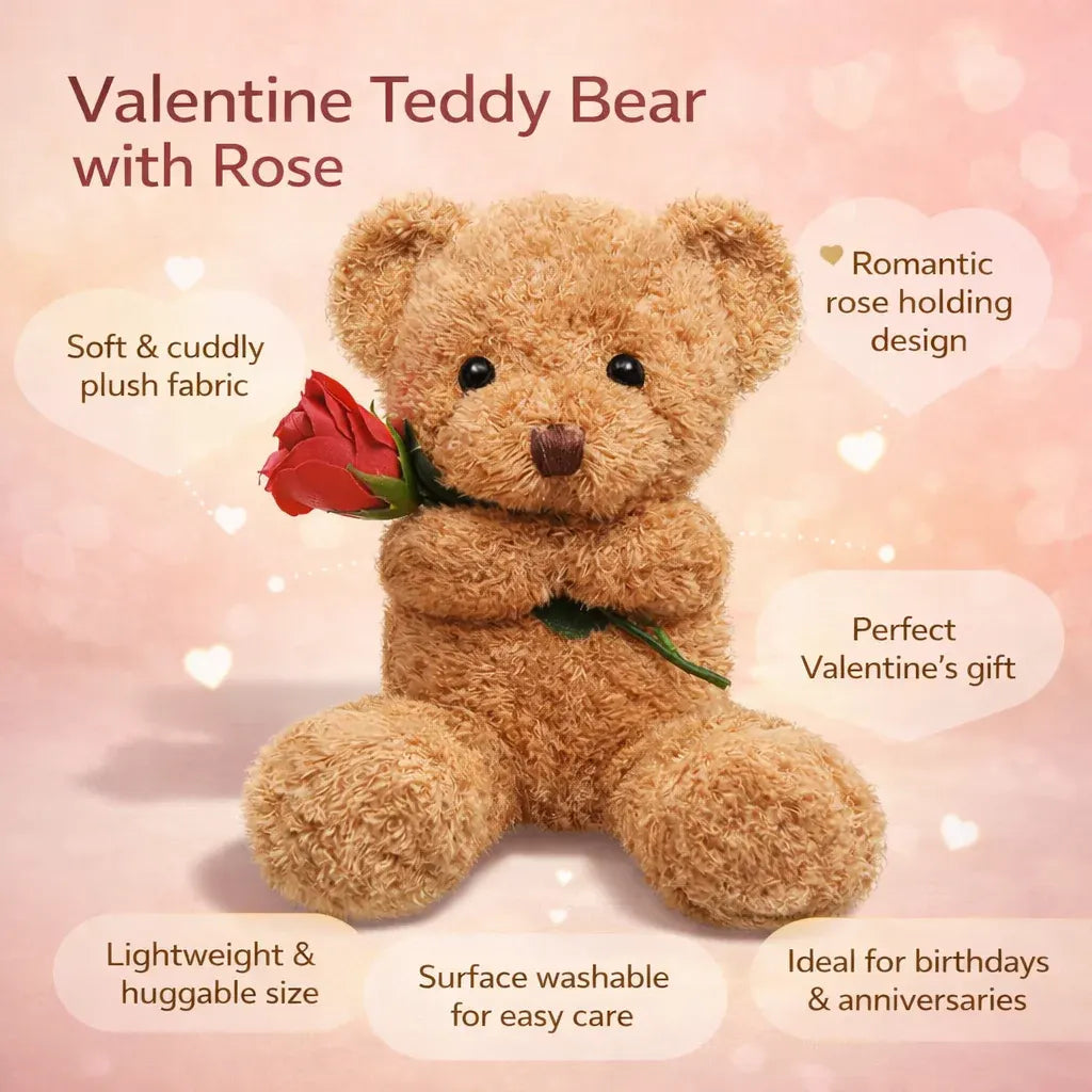 Soft Plush Bear Holding Rose Stuffed Valentine Gift Toy