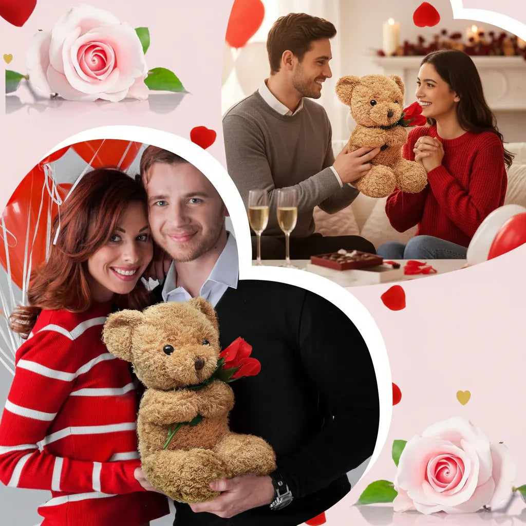 Soft Plush Bear Holding Rose Stuffed Valentine Gift Toy