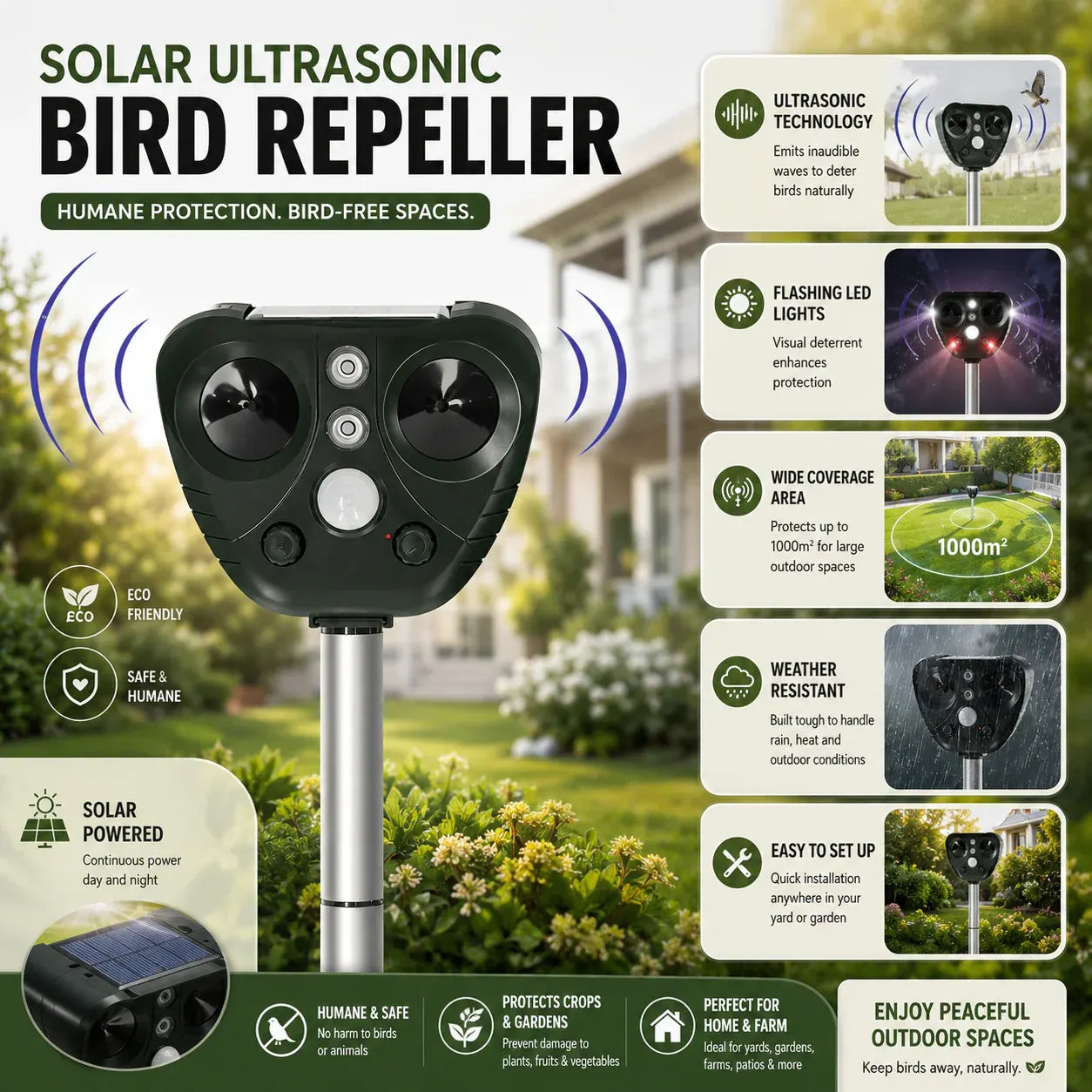 Solar-Powered Ultrasonic Garden Bird & Pest Deterrent for Outdoor Yards