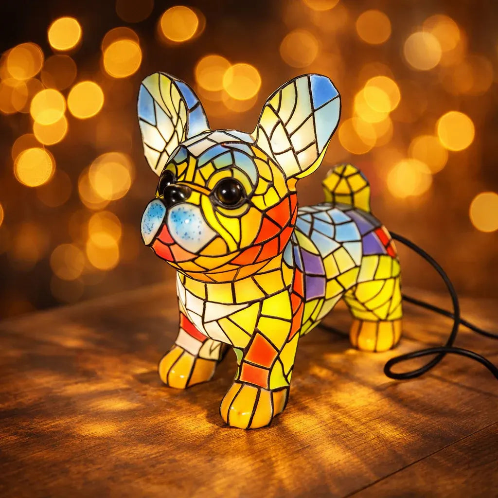 Stained Glass Dog Figurine Accent Table Lamp