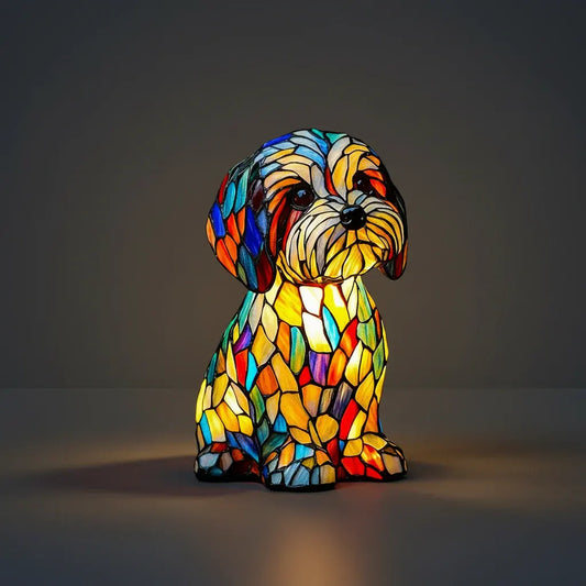 Stained Glass Dog Figurine LED Night Light Bedroom Table Lamp