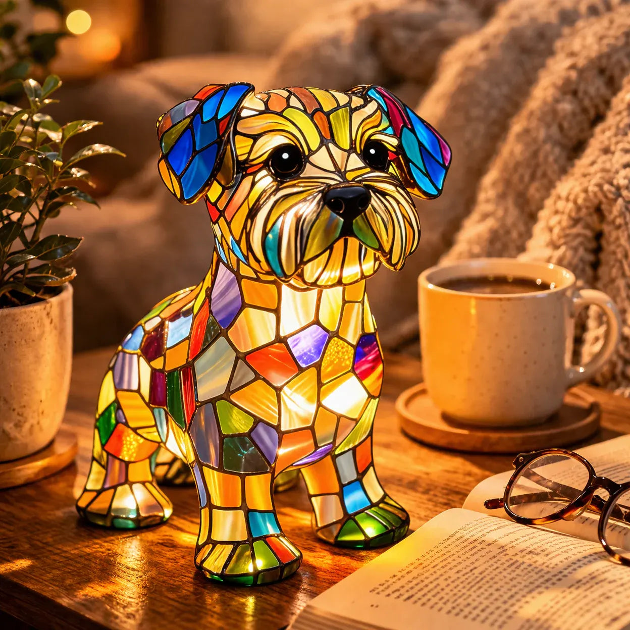 Stained Glass Dog Figurine LED Night Light Bedroom Table Lamp