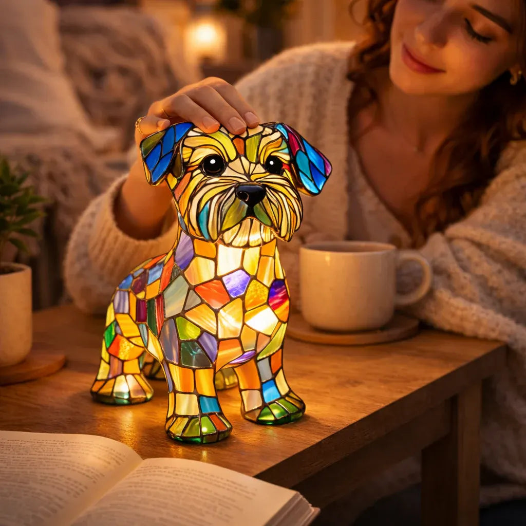 Stained Glass Dog Figurine LED Night Light Bedroom Table Lamp