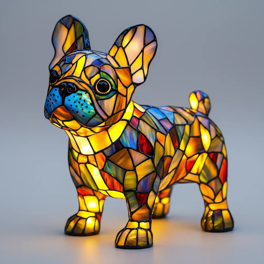 Stained Glass Dog Figurine LED Night Light Bedroom Table Lamp