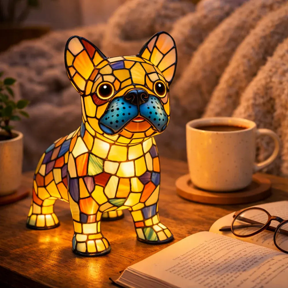 Stained Glass Dog Figurine LED Night Light Bedroom Table Lamp