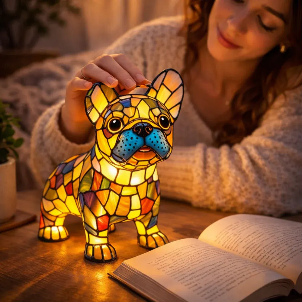 Stained Glass Dog Figurine LED Night Light Bedroom Table Lamp