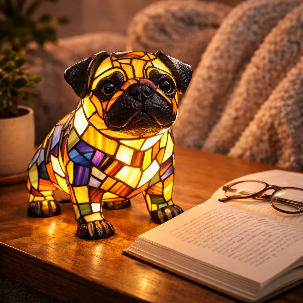 Stained Glass Dog Figurine LED Night Light Bedroom Table Lamp
