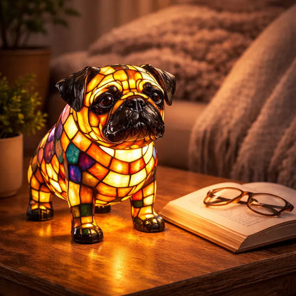 Stained Glass Dog Figurine LED Night Light Bedroom Table Lamp
