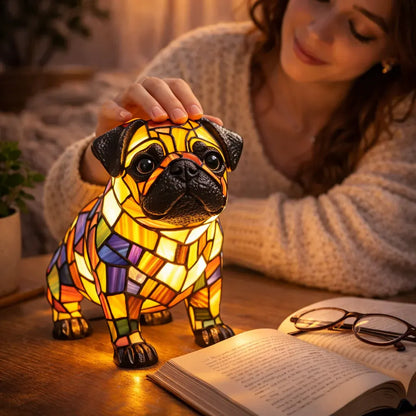Stained Glass Dog Figurine LED Night Light Bedroom Table Lamp
