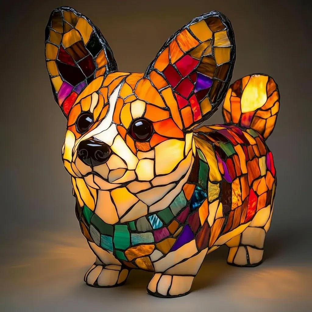 Stained Glass Dog Figurine LED Night Light Bedroom Table Lamp
