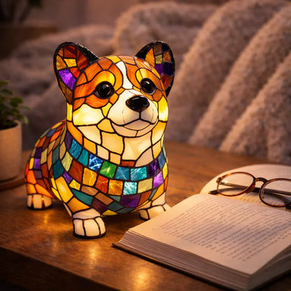 Stained Glass Dog Figurine LED Night Light Bedroom Table Lamp