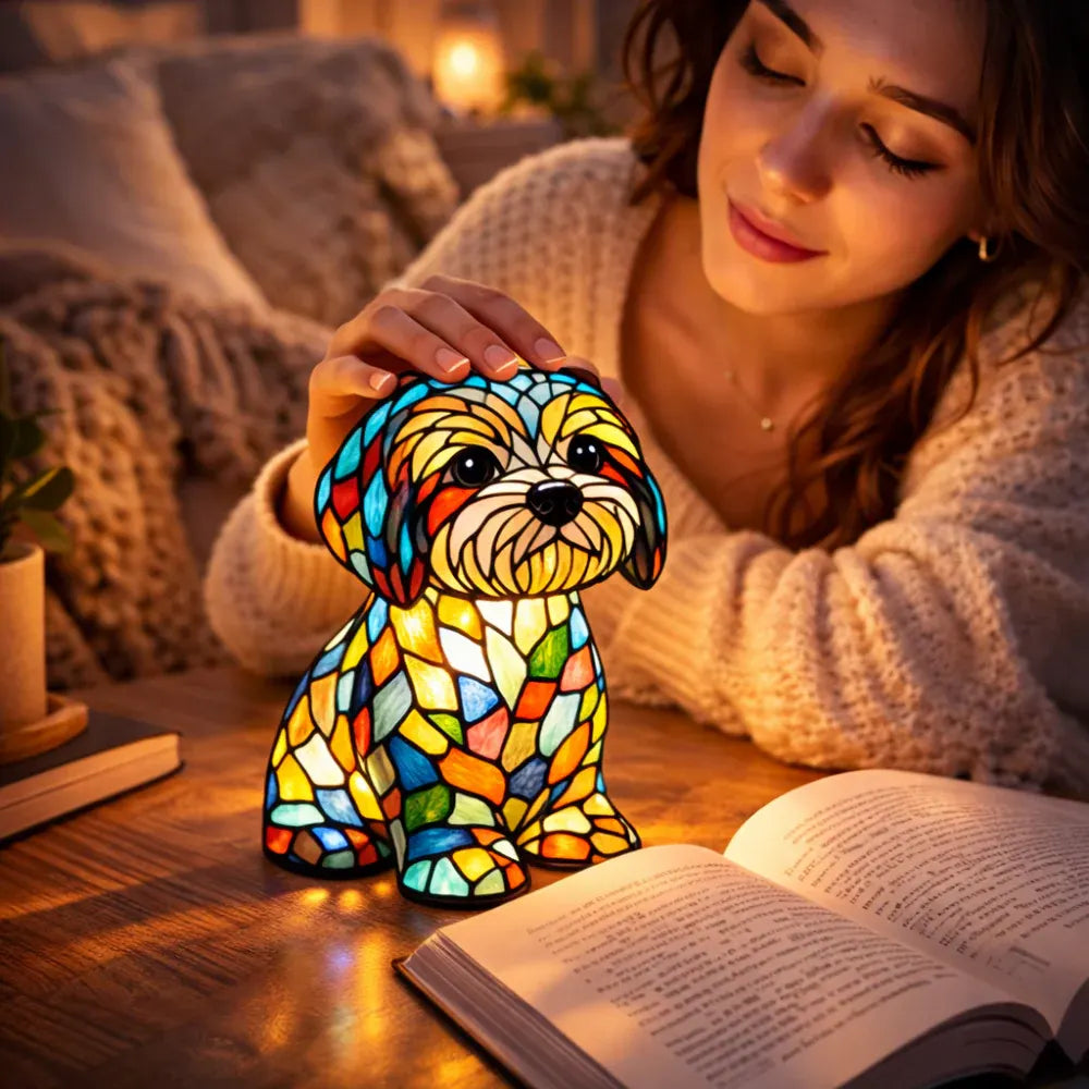 Stained Glass Dog Figurine LED Night Light Bedroom Table Lamp
