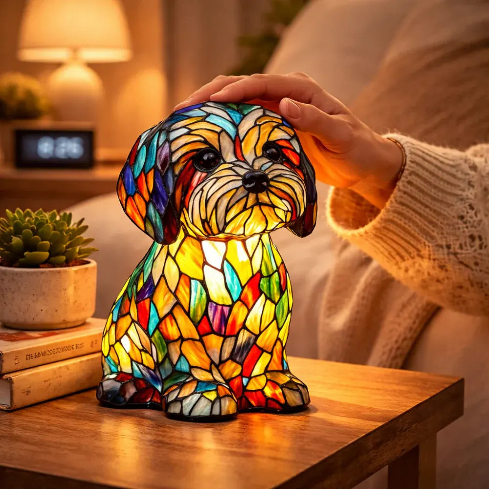 Stained Glass Dog Figurine LED Night Light Bedroom Table Lamp