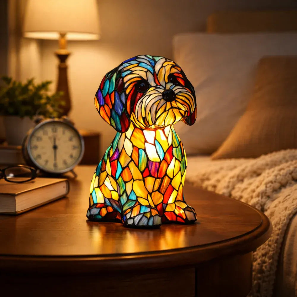 Stained Glass Dog Figurine LED Night Light Bedroom Table Lamp