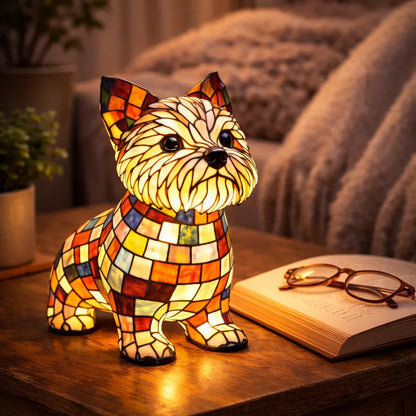Stained Glass Dog Figurine LED Night Light Bedroom Table Lamp
