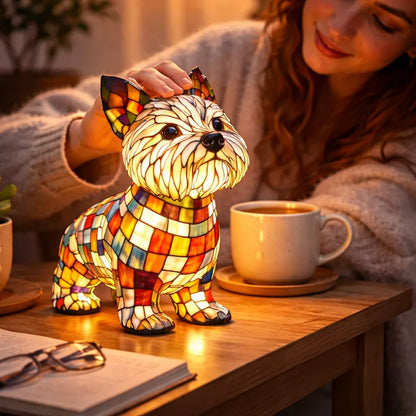Stained Glass Dog Figurine LED Night Light Bedroom Table Lamp