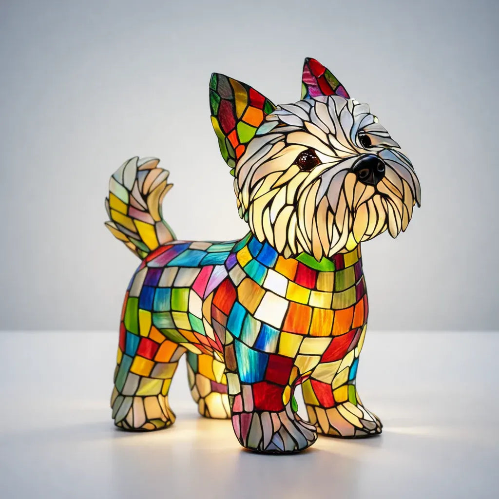 Stained Glass Dog Figurine LED Night Light Bedroom Table Lamp