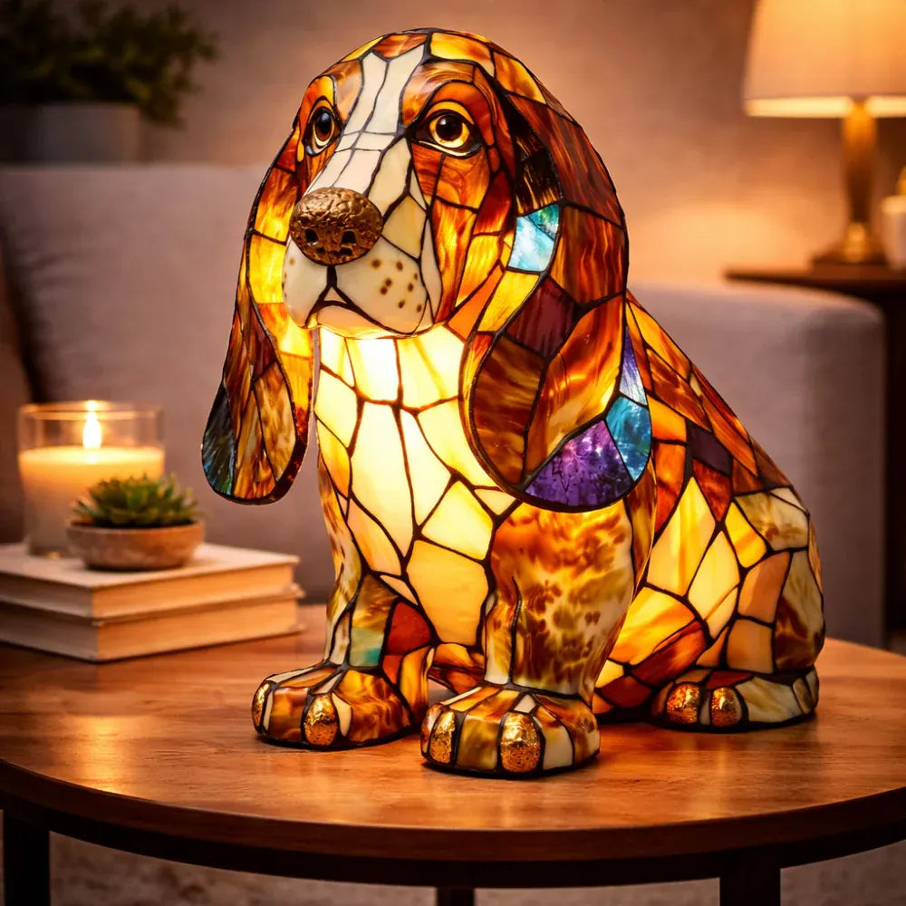 Stained Glass Dog LED Decorative Bedside Night Light Desk Lamp