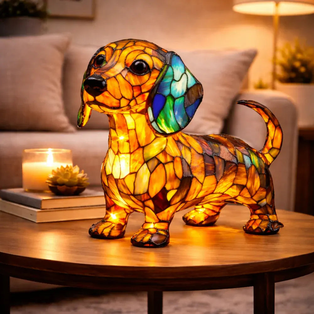 Stained Glass Dog LED Decorative Bedside Night Light Desk Lamp