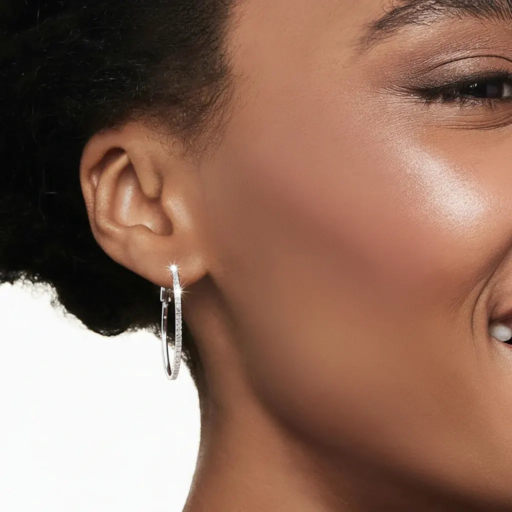 Sterling Silver Oval Diamond Hoop Earrings – Mother's Day Gift