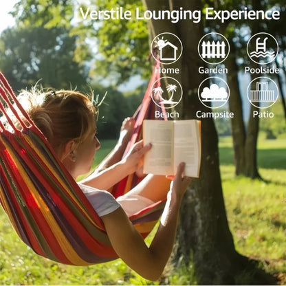 Striped Double Camping Hammock – Canvas Swing Bed for Indoor & Outdoor Use