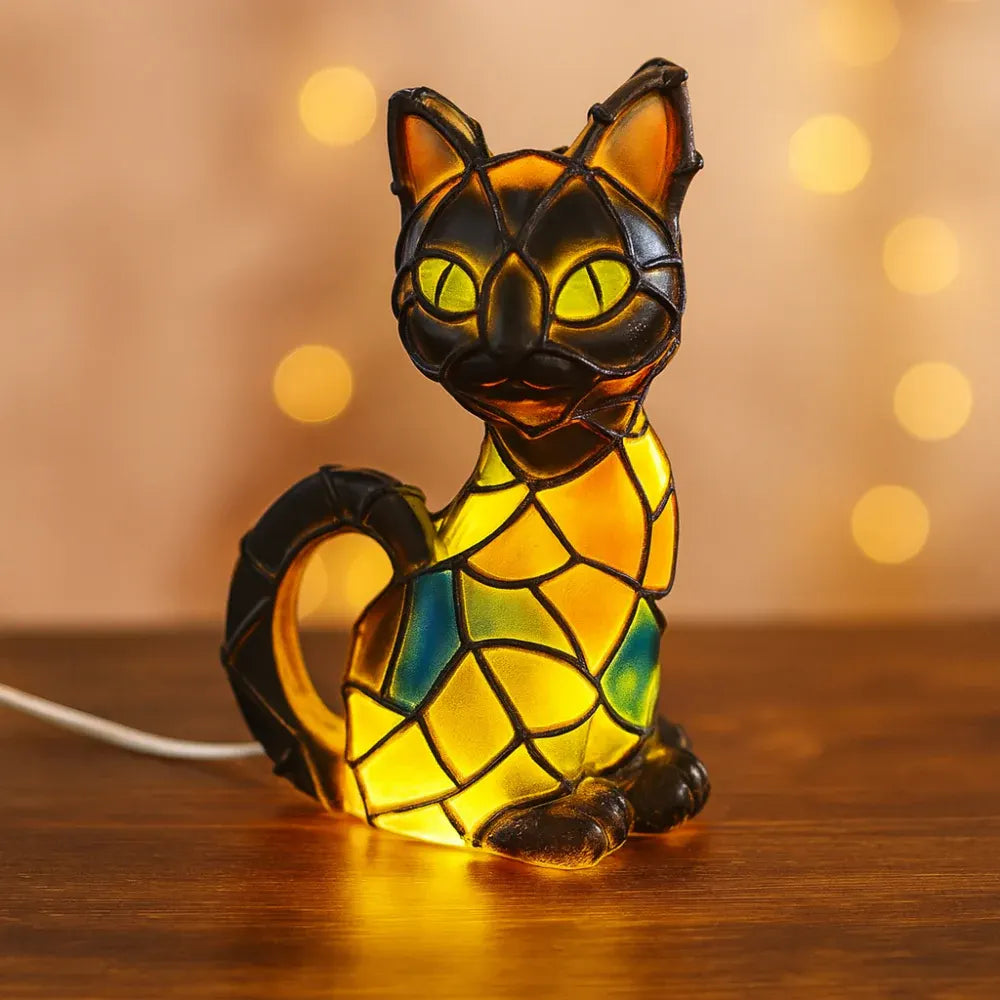 Tiffany-Style Resin Cat Figurine Table Lamp with Warm Glow Light