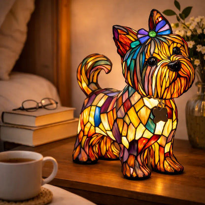 Tiffany-Style Stained Glass Dog LED Night Light Table Lamp for Bedroom Desk