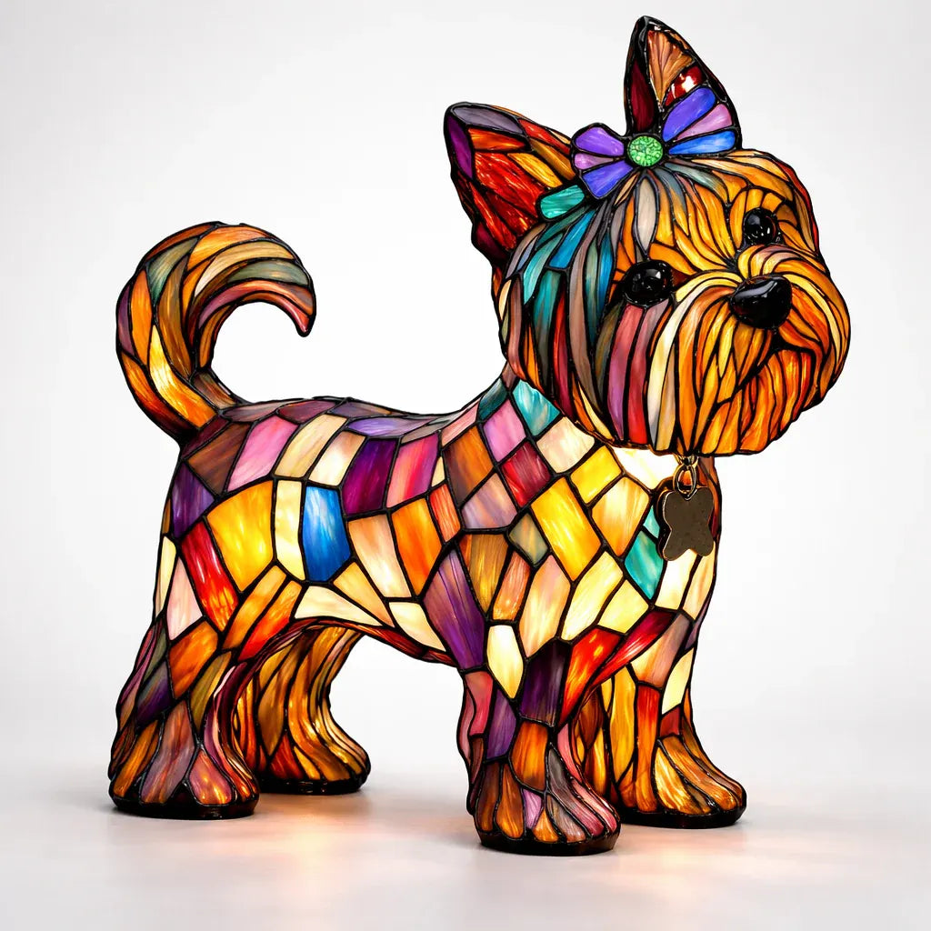 Tiffany-Style Stained Glass Dog LED Night Light Table Lamp for Bedroom Desk